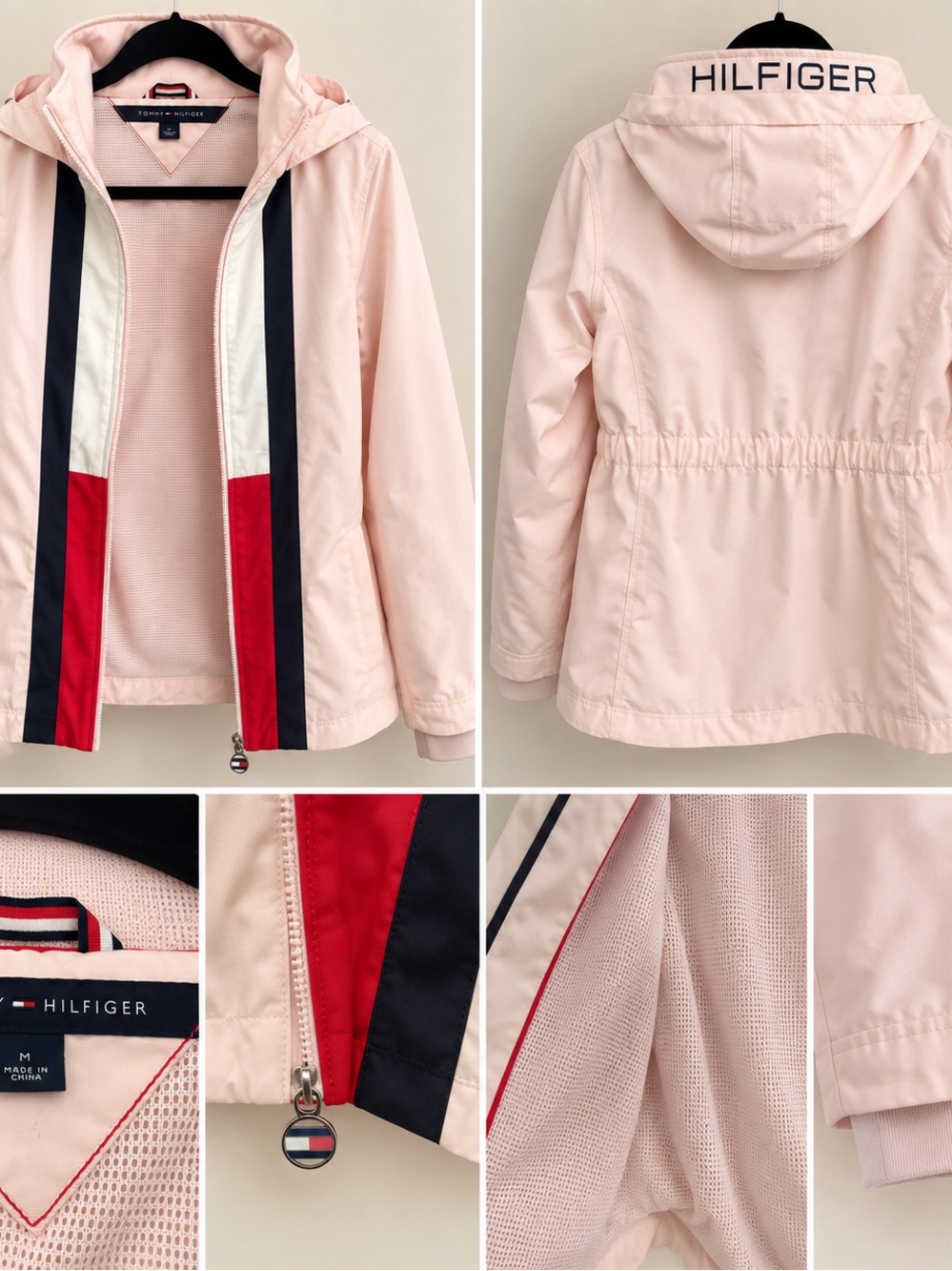 Tommy Hilfiger Pink Hooded Raincoat with Signature Navy & Red Trim